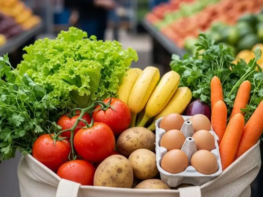 Carrinho de feira cheio de alimentos frescos in natura: frutas, legumes, ovos e verduras coloridas, luz natural de manhã.