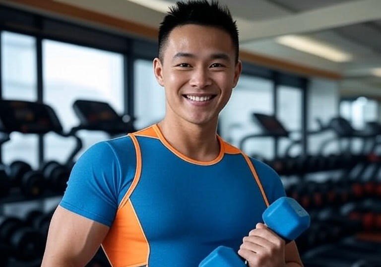 Fotografia de uma pessoa sorridente em uma academia, segurando um halter, com pesos e esteiras ao fundo, em um ambiente iluminado e colorido.