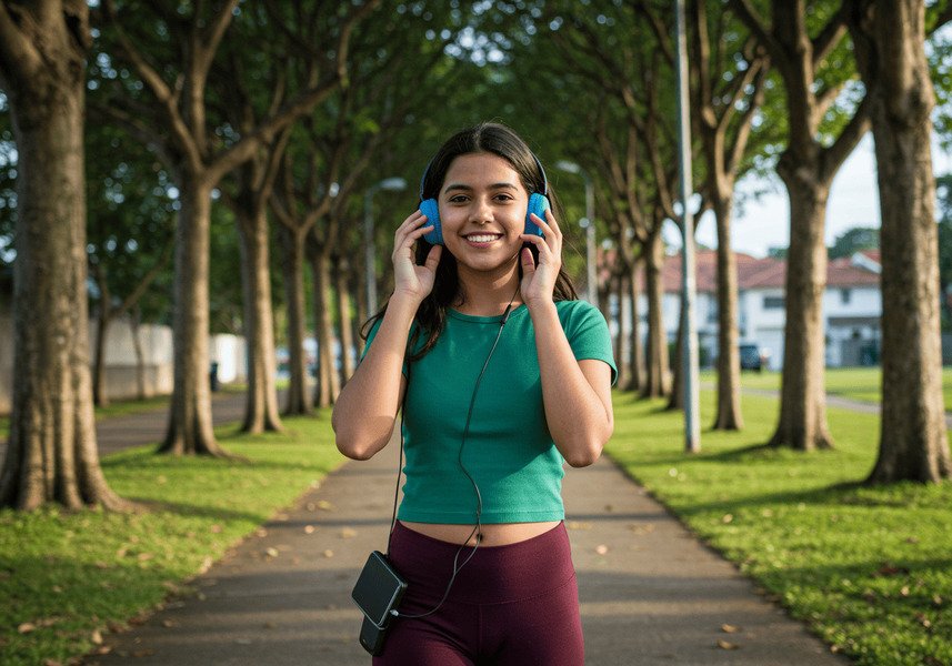 Pessoa sorridente caminhando em um bairro arborizado com fones de ouvido, vestindo legging preta e camiseta verde, promovendo saúde mental com atividade física.