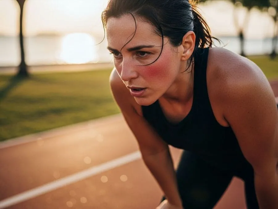 Pessoa recuperando o fôlego com mãos nos joelhos durante treino ao ar livre, luz natural.