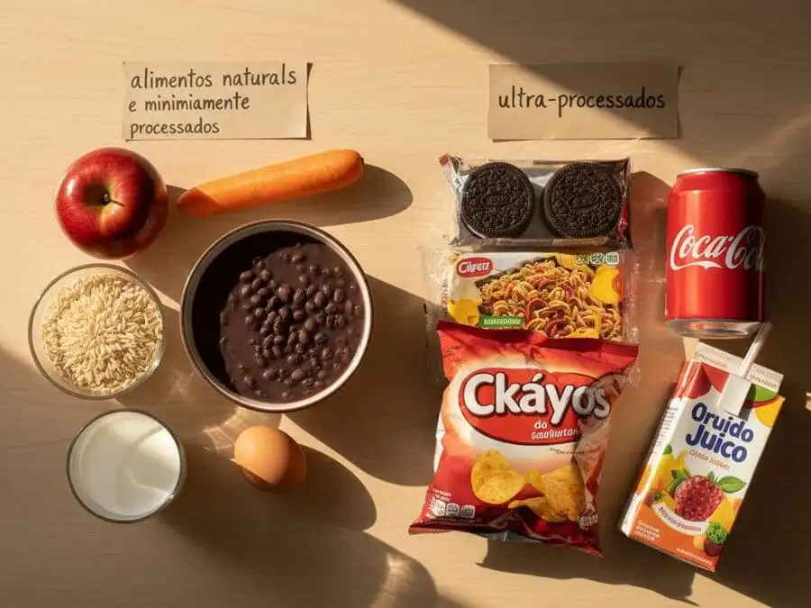 Comparação em mesa de cozinha: alimentos in natura e minimamente processados vs ultraprocessados embalados, mostrando diferença visual e nutricional.