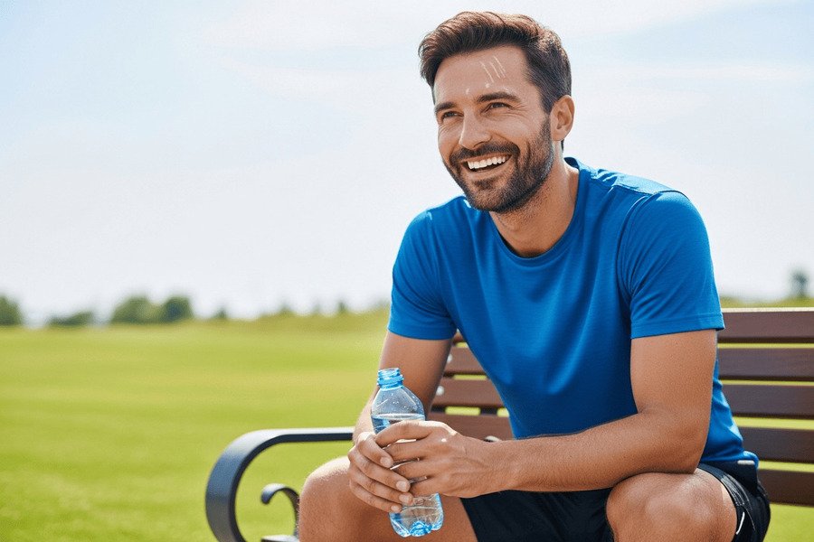 Pessoa sorrindo sentada em um banco de parque após caminhada, com garrafa d’água, vestindo camiseta azul e short preto, com grama e céu claro ao fundo.