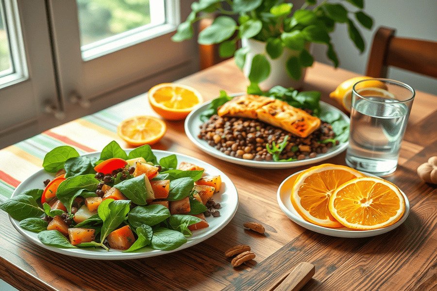 Mesa com salada de espinafre, salmão, lentilha, laranja e castanhas, ao lado de um copo d’água com limão, em um ambiente com toalha colorida e planta.