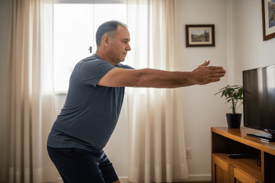 Homem de meia-idade fazendo um agachamento em casa, mostrando um exercício de força funcional para a longevidade.