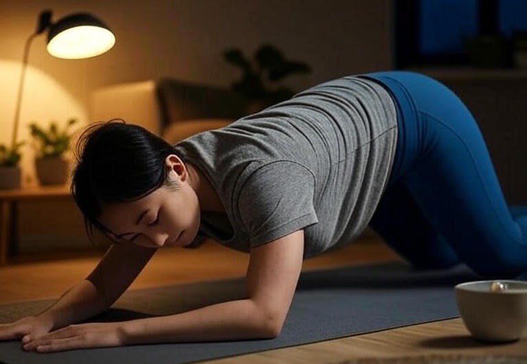 Pessoa fazendo alongamento em postura de yoga sobre tapete em uma sala com luz suave, com planta e xícara de chá ao fundo, promovendo relaxamento e sono.