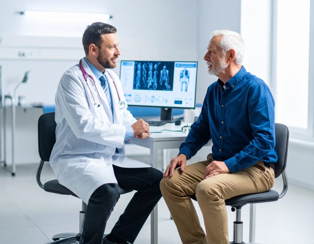 Homem em consulta médica com um médico em um consultório moderno, promovendo cuidados preventivos para a saúde masculina.