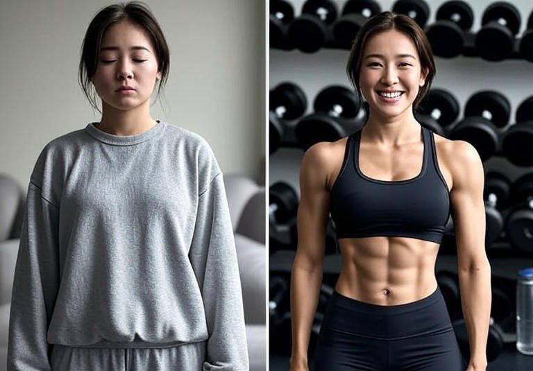 Imagem dividida mostrando o antes e depois de uma pessoa praticando HIIT, com o lado 'depois' exibindo mais confiança e corpo tonificado em roupas esportivas.