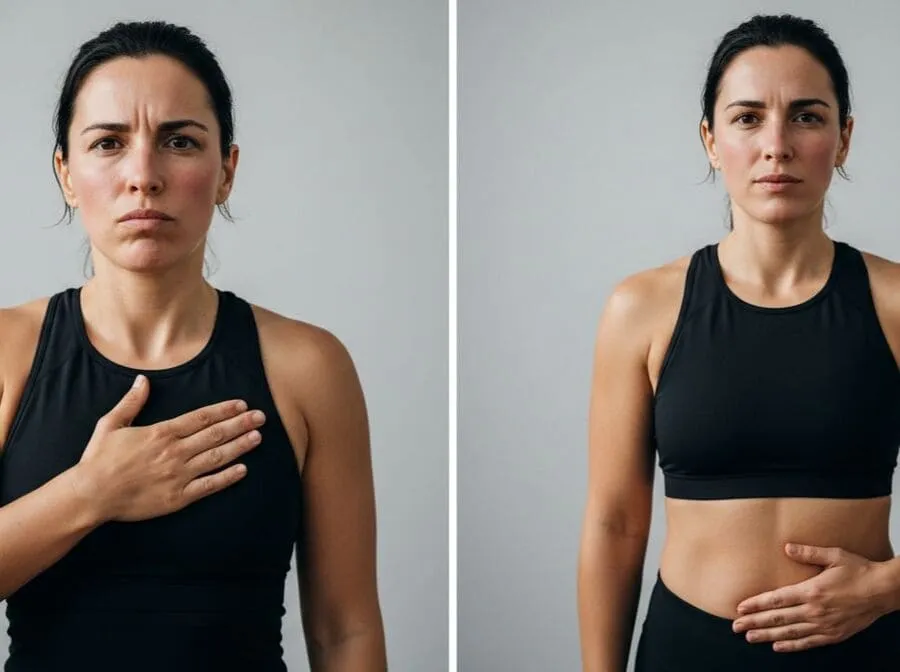 Comparação realista entre respiração torácica curta e respiração diafragmática profunda.