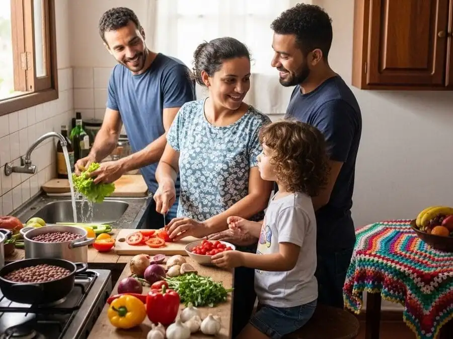 Família brasileira preparando refeição caseira com alimentos frescos na cozinha, transmitindo saúde, união e prazer na alimentação.