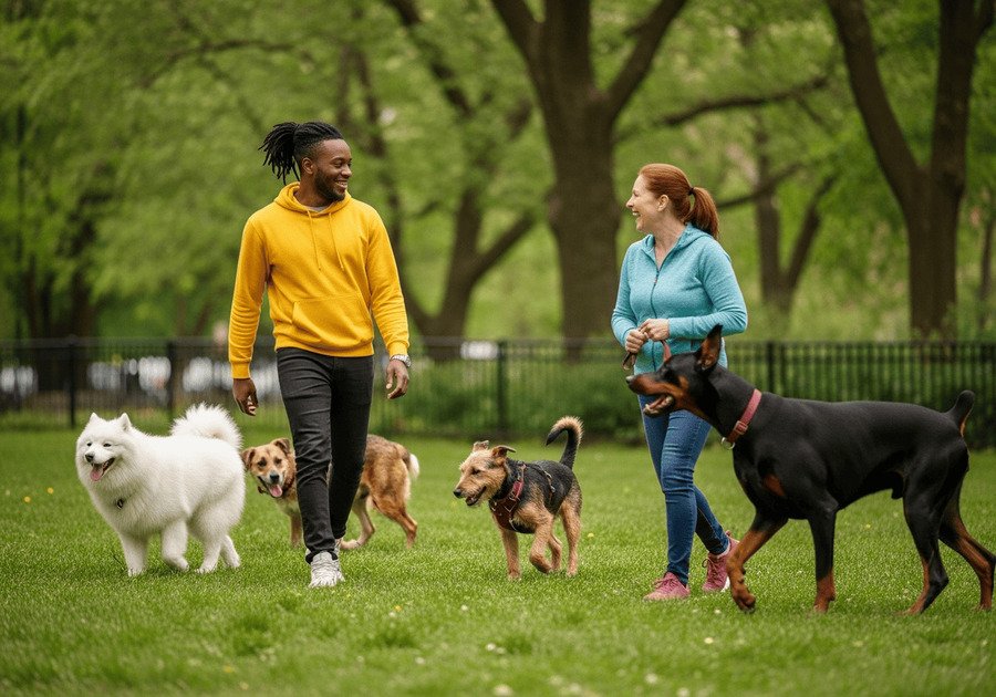 Duas pessoas interagindo em um parque enquanto seus cães brincam ao redor.