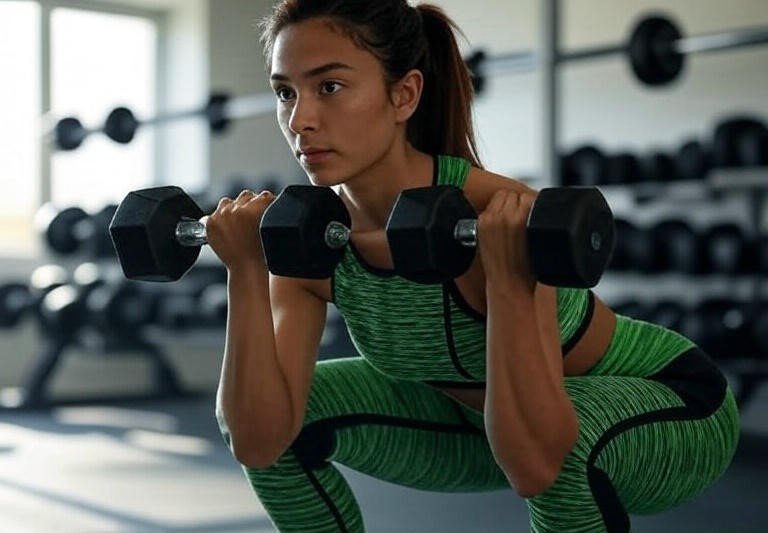 Fotografia de uma pessoa fazendo agachamento com halteres em uma academia, com postura correta, em um ambiente com pesos ao fundo.