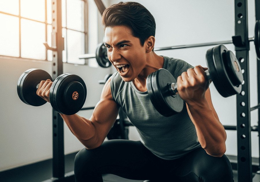 Fotografia de uma pessoa levantando halteres em uma academia caseira, com expressão de esforço, vestindo top verde e legging preta, com luz natural ao fundo.