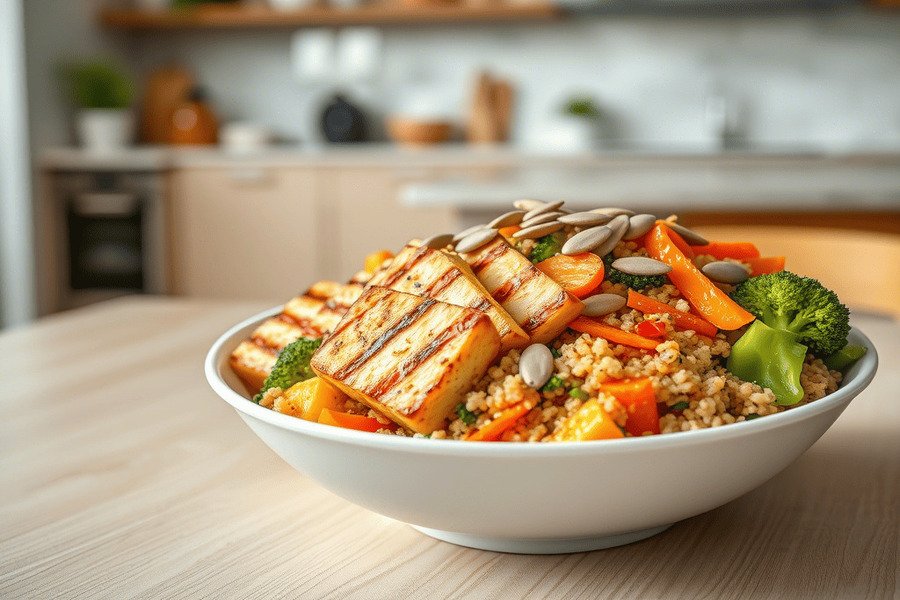Fotografia de uma tigela com tofu grelhado, quinoa e legumes, polvilhada com sementes de abóbora, em uma mesa de madeira com toalha verde e luz natural.