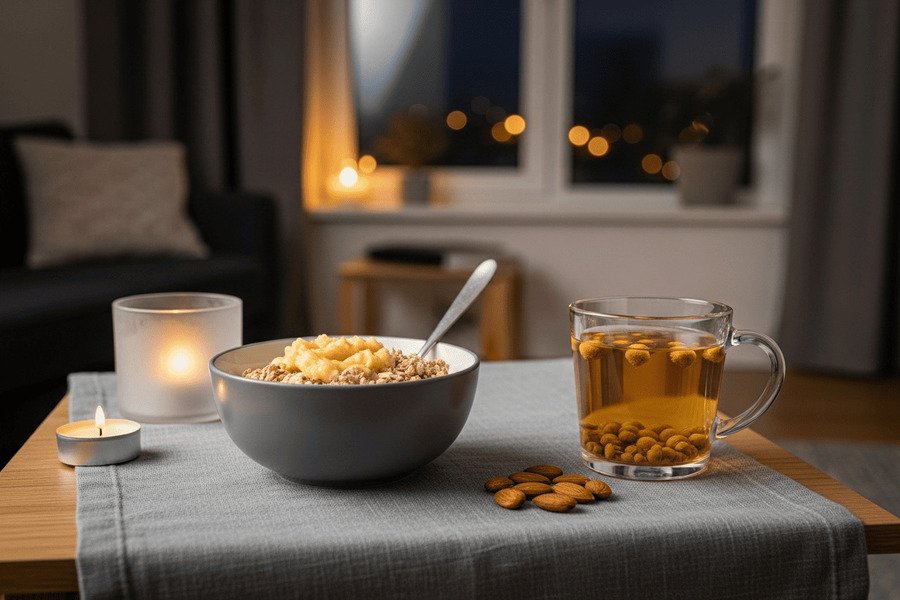 Fotografia de uma tigela com banana amassada e aveia, um chá de camomila e amêndoas, em uma mesa com toalha cinza, vela e fundo de sala de estar à noite.