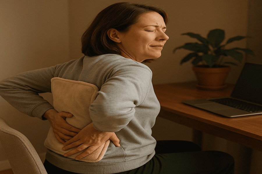 Fotografia de uma pessoa sentada aplicando uma bolsa térmica nas costas, em um home office com mesa de madeira, laptop e planta, com luz suave.