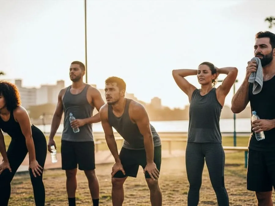 Grupo recuperando o fôlego entre séries de treino intenso, respirando fundo e bebendo água.