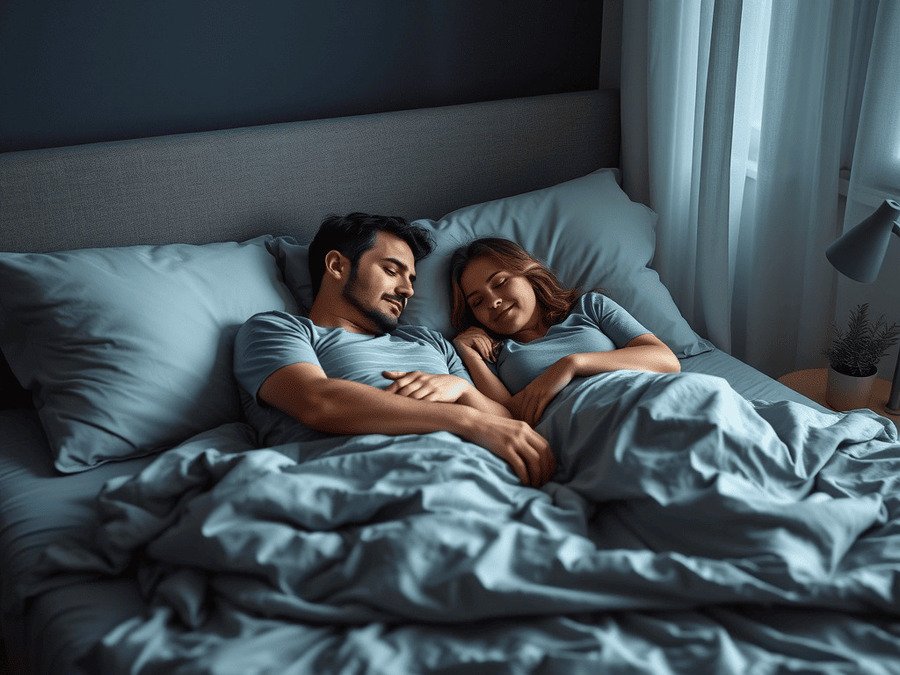 Fotografia de um casal dormindo abraçado em uma cama com lençóis cinza, em um quarto escurecido com luz suave e uma planta na mesinha.