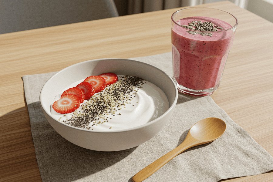 Fotografia de uma tigela de iogurte grego com sementes de chia, cânhamo e morangos, ao lado de um smoothie, em uma mesa de madeira com luz natural.