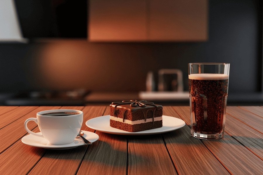 Fotografia de uma mesa com café preto, bolo de chocolate e refrigerante, em um ambiente com luz artificial forte e fundo de cozinha moderna à noite.