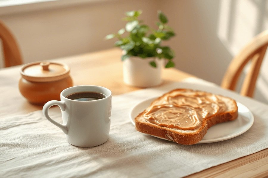 Mesa de café da manhã com xícara de café, torrada com pasta de amendoim e banana fatiada, em uma cozinha com toalha bege, planta e luz natural.