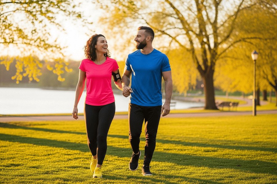 Duas pessoas rindo enquanto caminham em um parque, com camisetas coloridas e tênis, ao lado de um lago e árvores sob luz do fim de tarde.