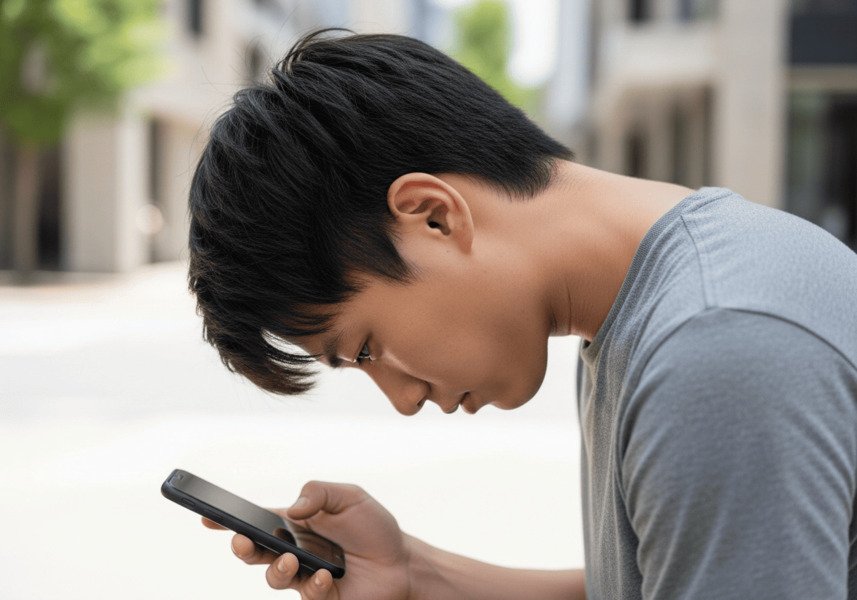 Pessoa com pescoço curvado para frente enquanto mexe no celular, em postura incorreta. Sua postura hoje define sua saúde de amanhã