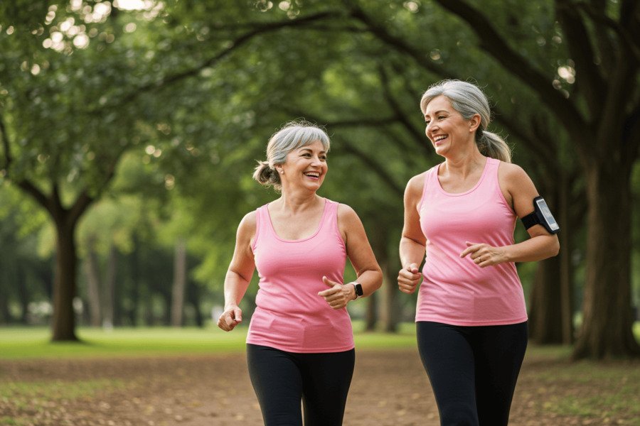 Duas amigas caminhando e conversando em um parque, demonstrando o cardio de baixa intensidade que melhora o fôlego