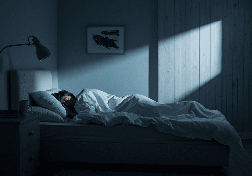 Pessoa dormindo tranquilamente em uma cama confortável, em quarto com luz suave e tons de azul, ilustrando os benefícios da atividade física para o sono.