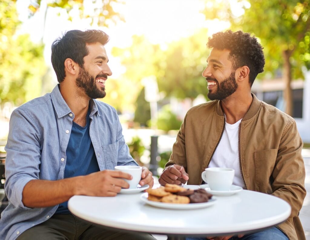 Dois homens conversando em um café ao ar livre, com xícaras de café e uma atmosfera amigável, destacando a importância da saúde mental masculina.