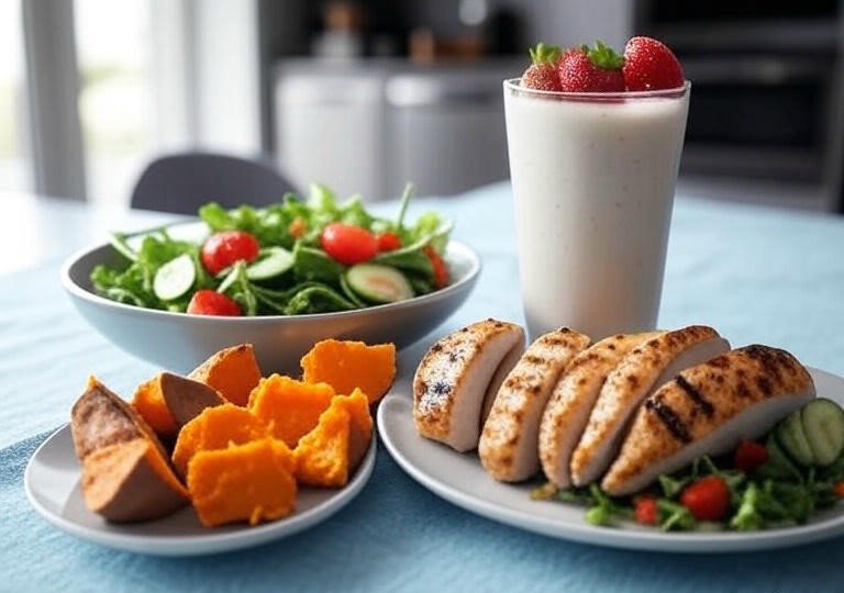 Fotografia de um prato com batata-doce, frango grelhado e salada, ao lado de um shake de whey com morangos, em uma mesa de cozinha moderna.