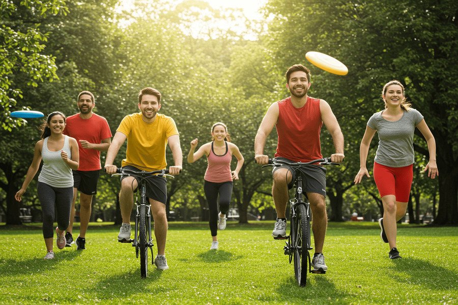 Grupo de amigos sorridentes praticando atividades físicas como caminhada, ciclismo e frisbee em um parque ensolarado, promovendo saúde mental e diversão.