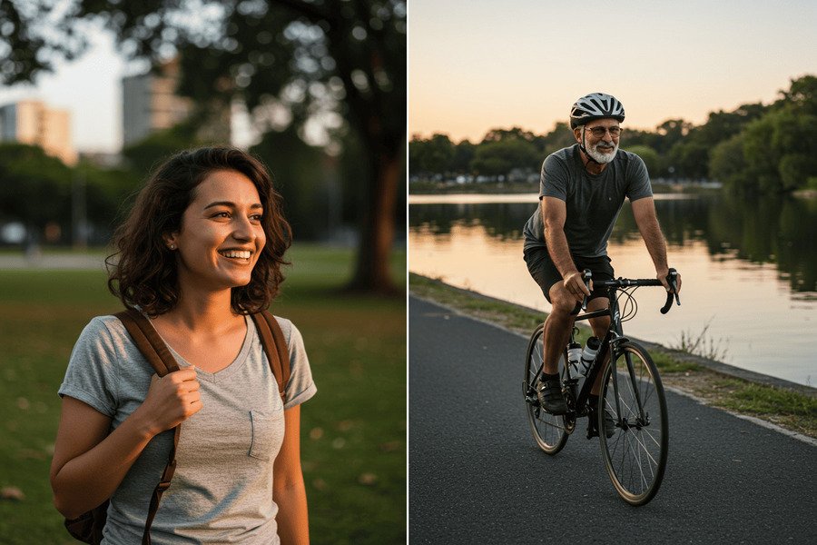 Duas pessoas caminhando ou pedalando juntas com um cachorro, sorrindo e aproveitando o momento ao ar livre.