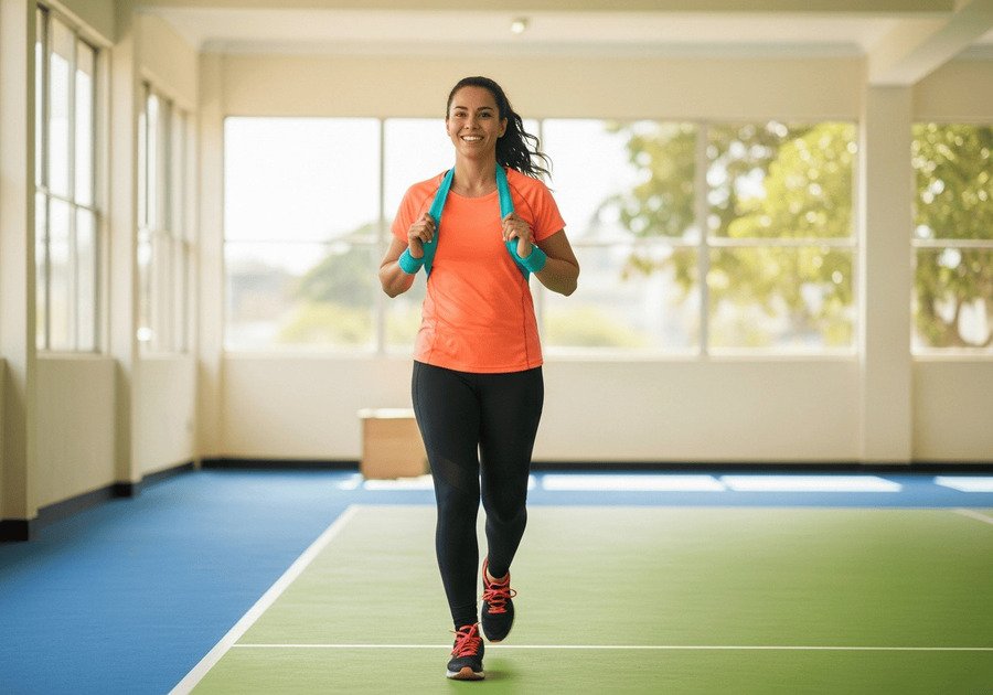 Fotografia de uma pessoa sorridente e confiante segurando halteres, vestindo camiseta laranja e legging preta, em um ambiente com luz natural e fundo verde.