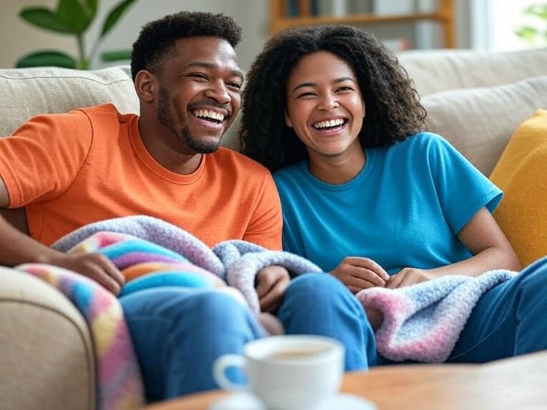 Fotografia de um casal rindo em um sofá, com uma manta no colo e uma xícara de café na mesa, em uma sala de estar com luz natural e planta ao fundo.