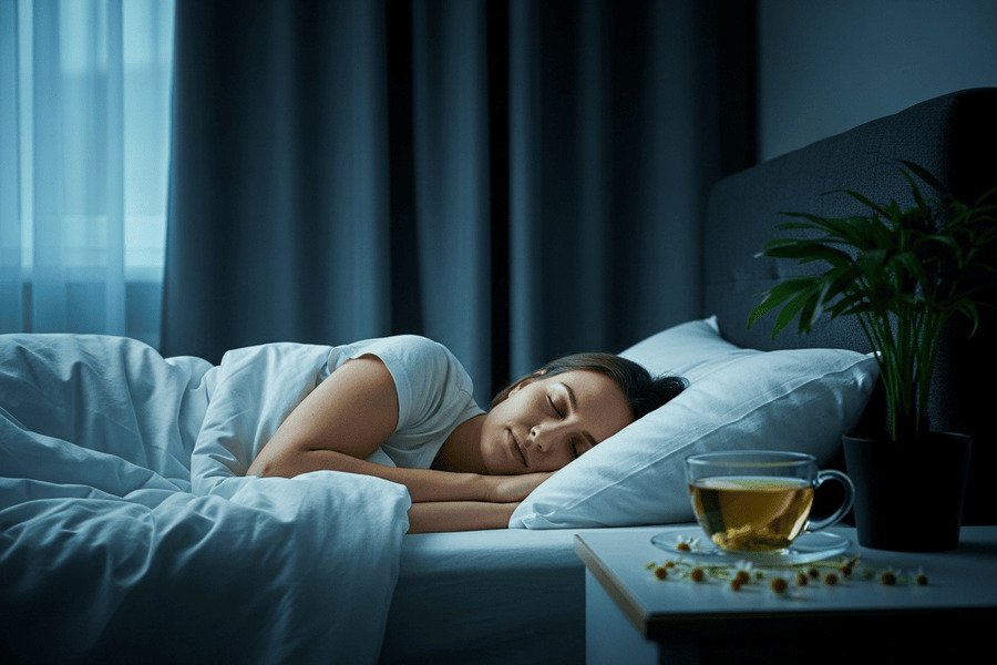 Fotografia de uma pessoa dormindo tranquilamente em uma cama com lençóis brancos, em um quarto escuro com cortina, planta e copo de chá vazio na mesinha.