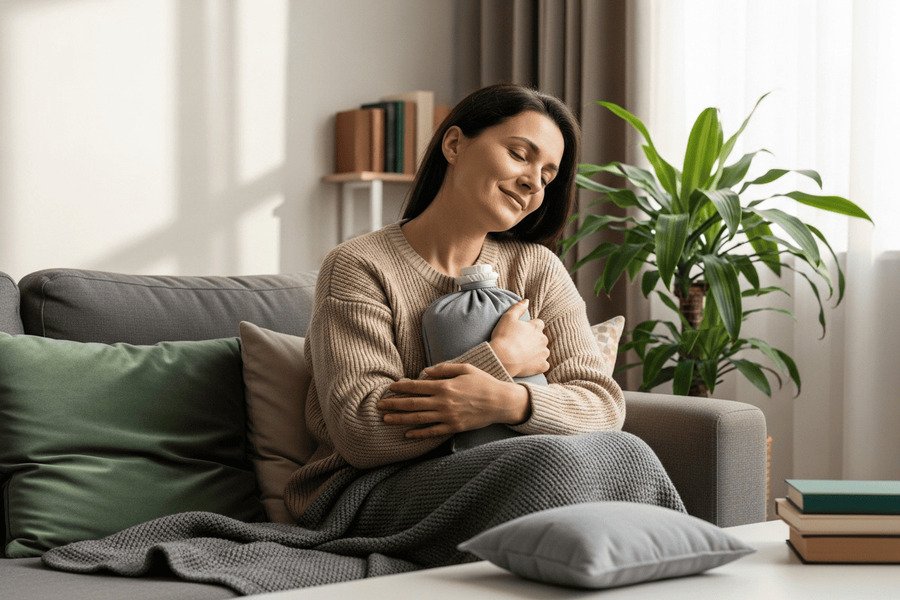 Fotografia de uma pessoa relaxada em um sofá, com uma bolsa térmica ao lado, coberta por uma manta cinza, em uma sala com planta, livros e luz natural.