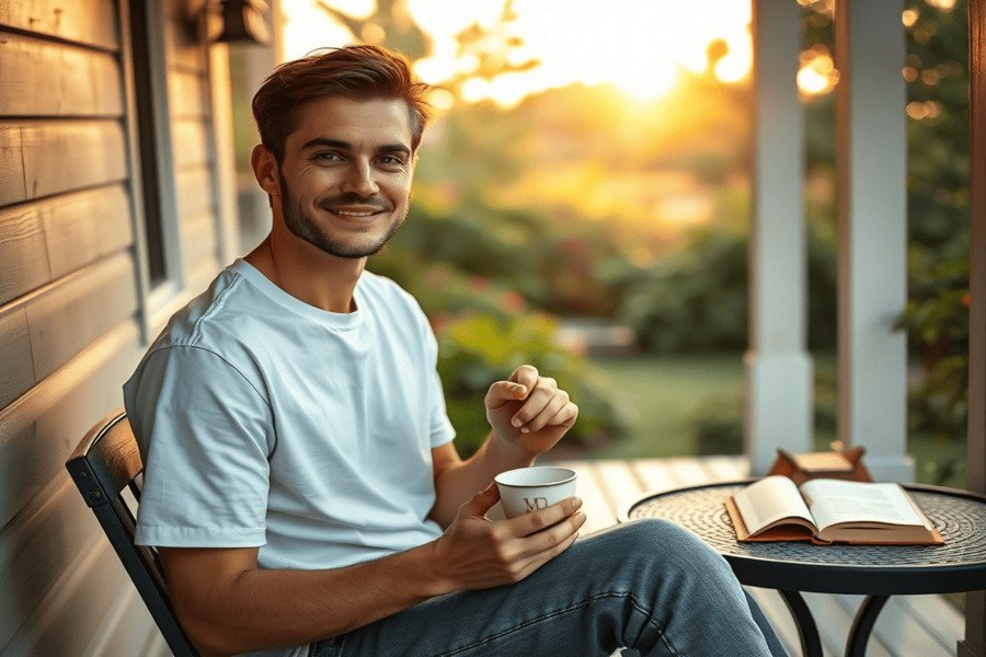 Pessoa sorrindo com uma xícara de café em uma varanda, com garrafa d’água e maçã na mesa, em um jardim iluminado pela luz do amanhecer.
