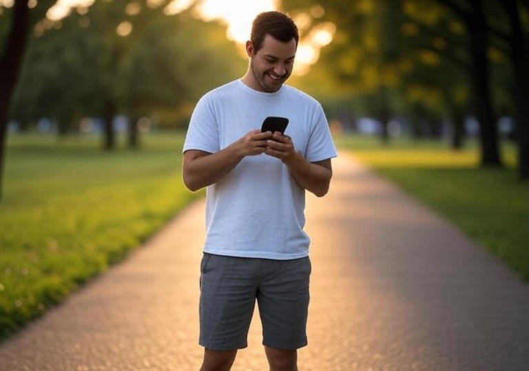 Pessoa olhando aplicativo de passos no celular após caminhada, com camiseta branca e short cinza, em uma trilha de parque com grama e árvores.