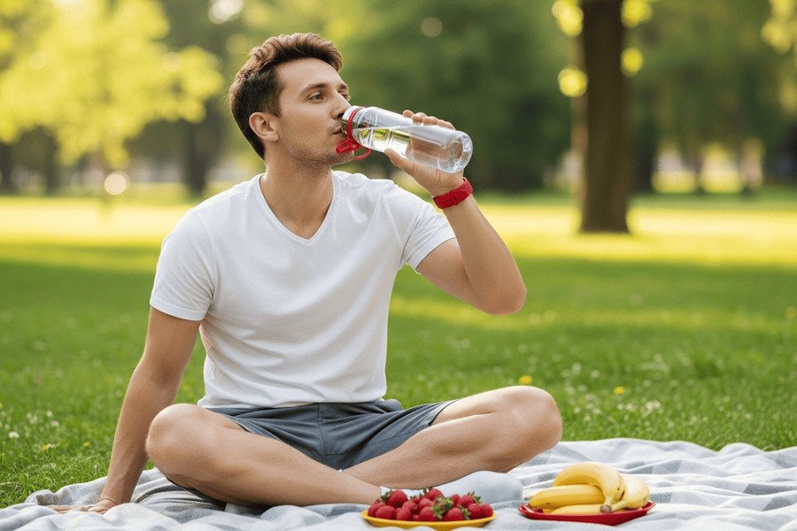 Pessoa bebendo água em um parque, com prato de frutas em uma toalha de piquenique, vestindo camiseta branca e short cinza, com grama e árvores ao fundo.