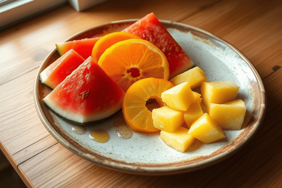 Prato de cerâmica com fatias frescas de melancia, laranja e abacaxi, com suco escorrendo.