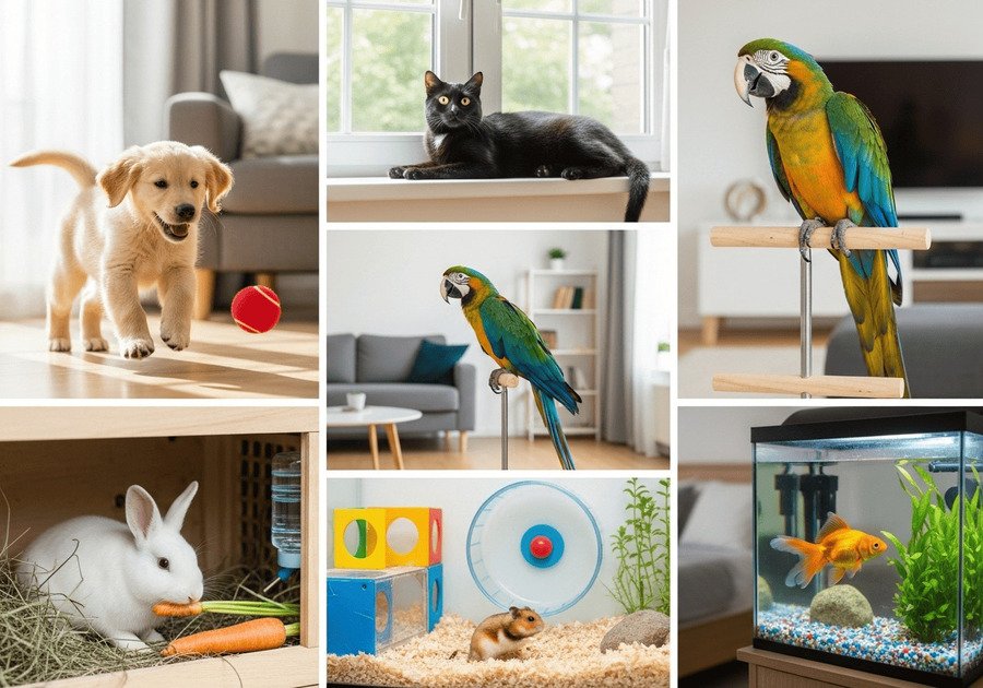 Colagem mostrando diferentes tipos de animais de estimação em ambientes domésticos.