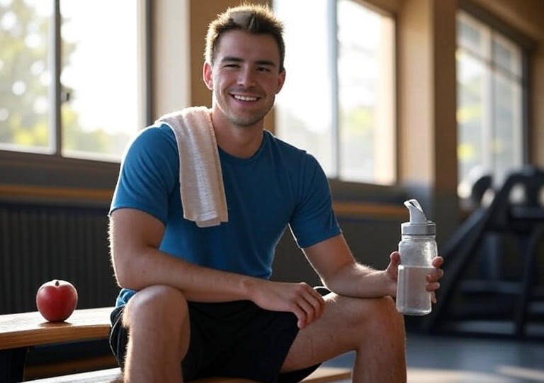 Fotografia de uma pessoa sorrindo na academia, bebendo água e segurando uma maçã, com uma toalha no ombro e luz natural ao fundo. Comer antes ou depois do treino?