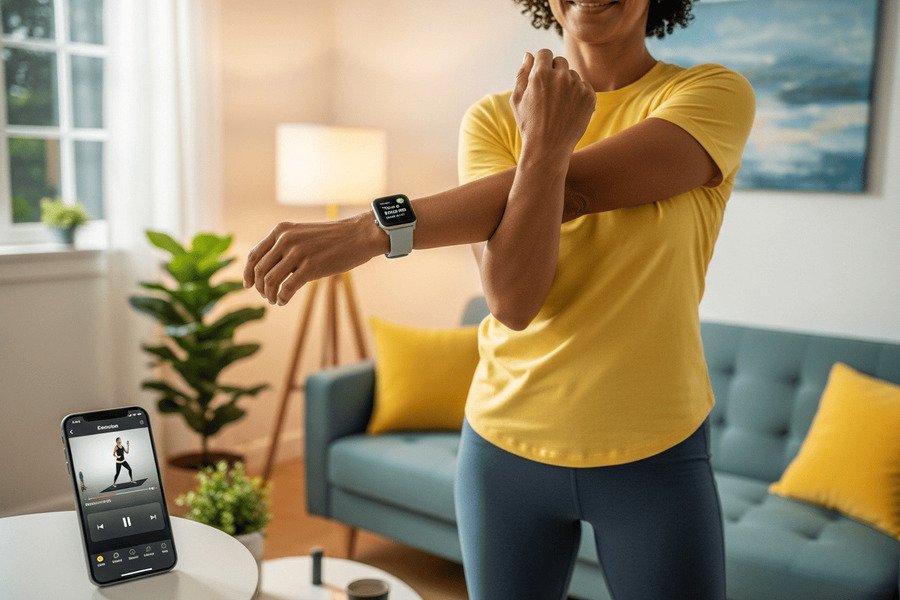 Pessoa usando smartwatch com lembrete para se levantar, alongando-se em casa, promovendo a redução do comportamento sedentário com tecnologia.
