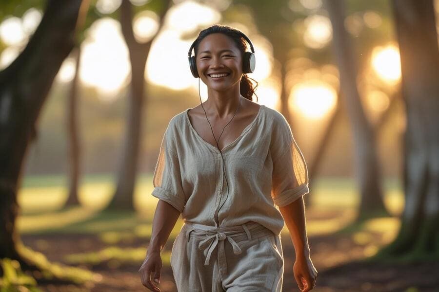 Mulher sorrindo enquanto caminha em um parque pela manhã, usando fones de ouvido.