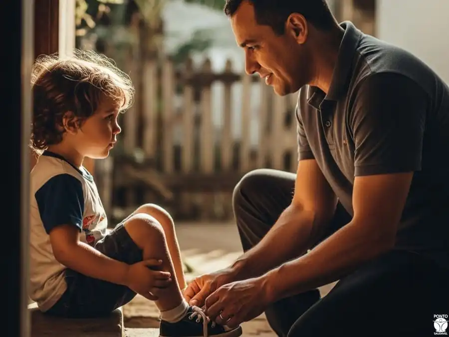 Homem maduro ajudando criança com atenção e carinho, luz natural suave de casa brasileira, simbolizando paternidade responsável e maturidade emocional