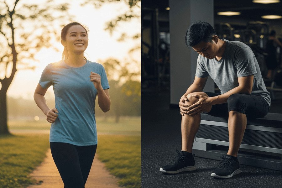 Pessoa dividida em duas realidades: uma saudável e ativa, outra exausta e lesionada após o exercício.
