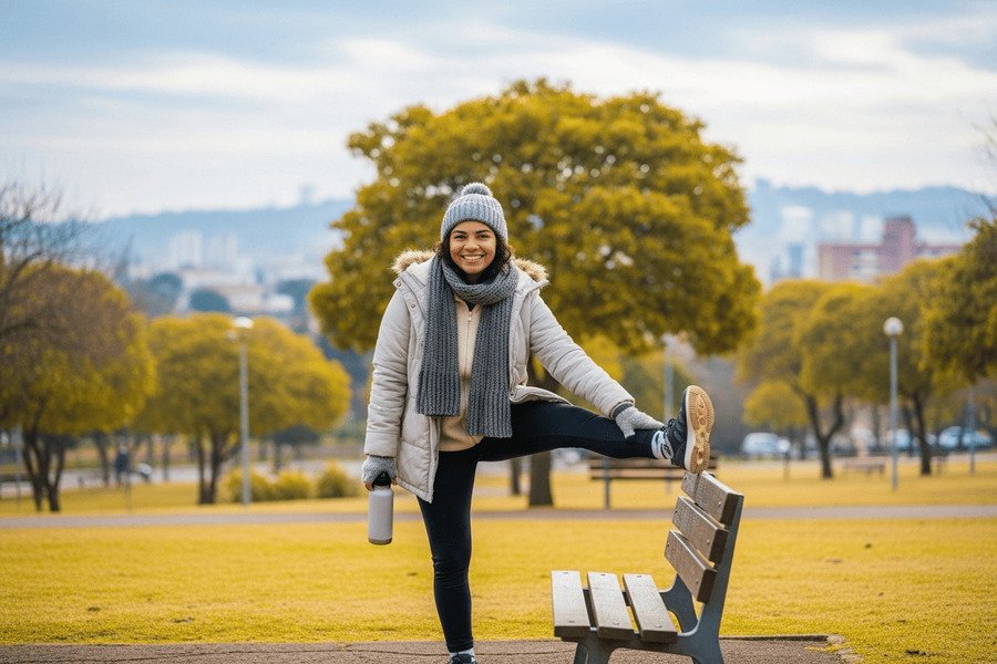 Mulher sorrindo enquanto se alonga em um banco de parque durante manhã fria de inverno no Brasil.