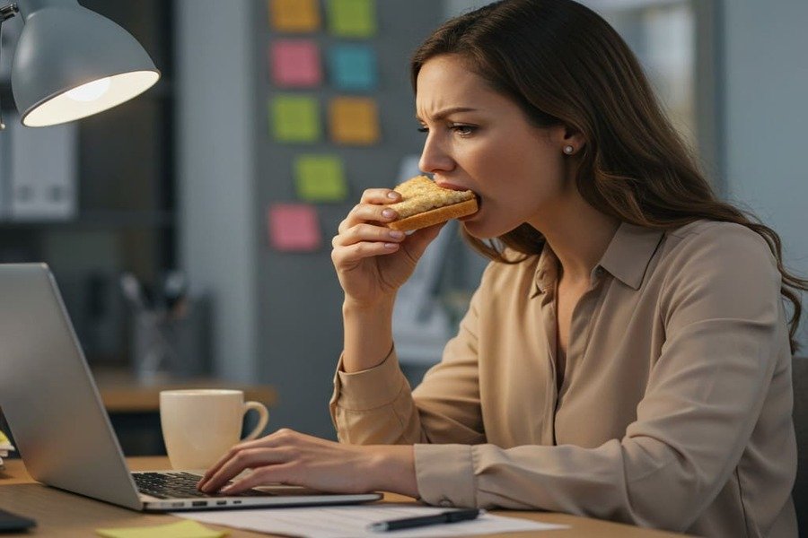 Mulher comendo apressadamente em sua mesa de escritório enquanto trabalha em um laptop, parecendo estressada.