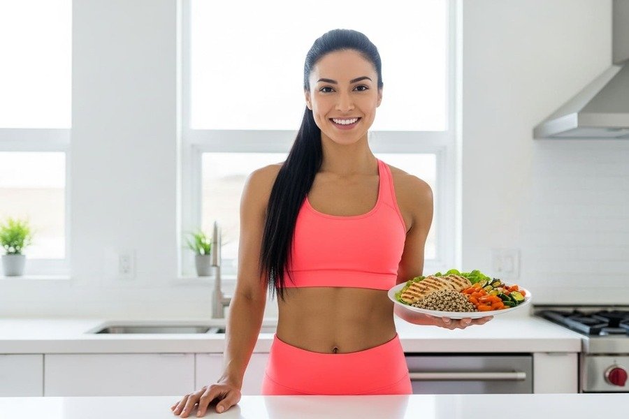 Mulher com abdômen definido segura um prato saudável na cozinha, sorrindo com confiança.