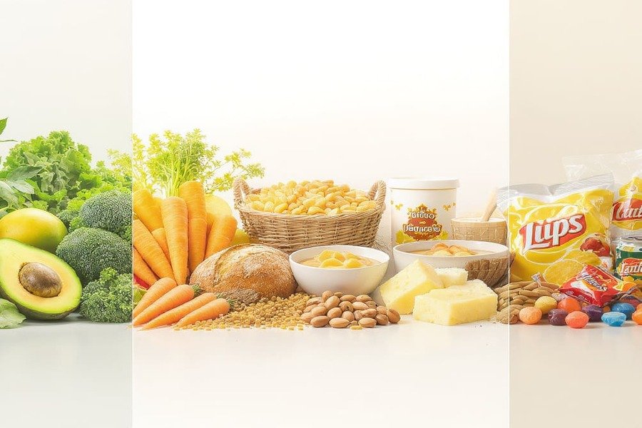 Ilustração de uma escala de alimentos, com frutas e vegetais frescos à esquerda, alimentos minimamente processados como pão e feijão no centro, e ultraprocessados como salgadinhos e refrigerante à direita, contra um fundo branco.
